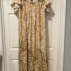 Anthropologie Tan and White Leaf Print Dress